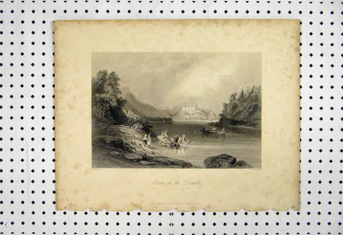 Old Antique Print 1837 Scene River Danube Boat Castle Mountain Bartlett 19th