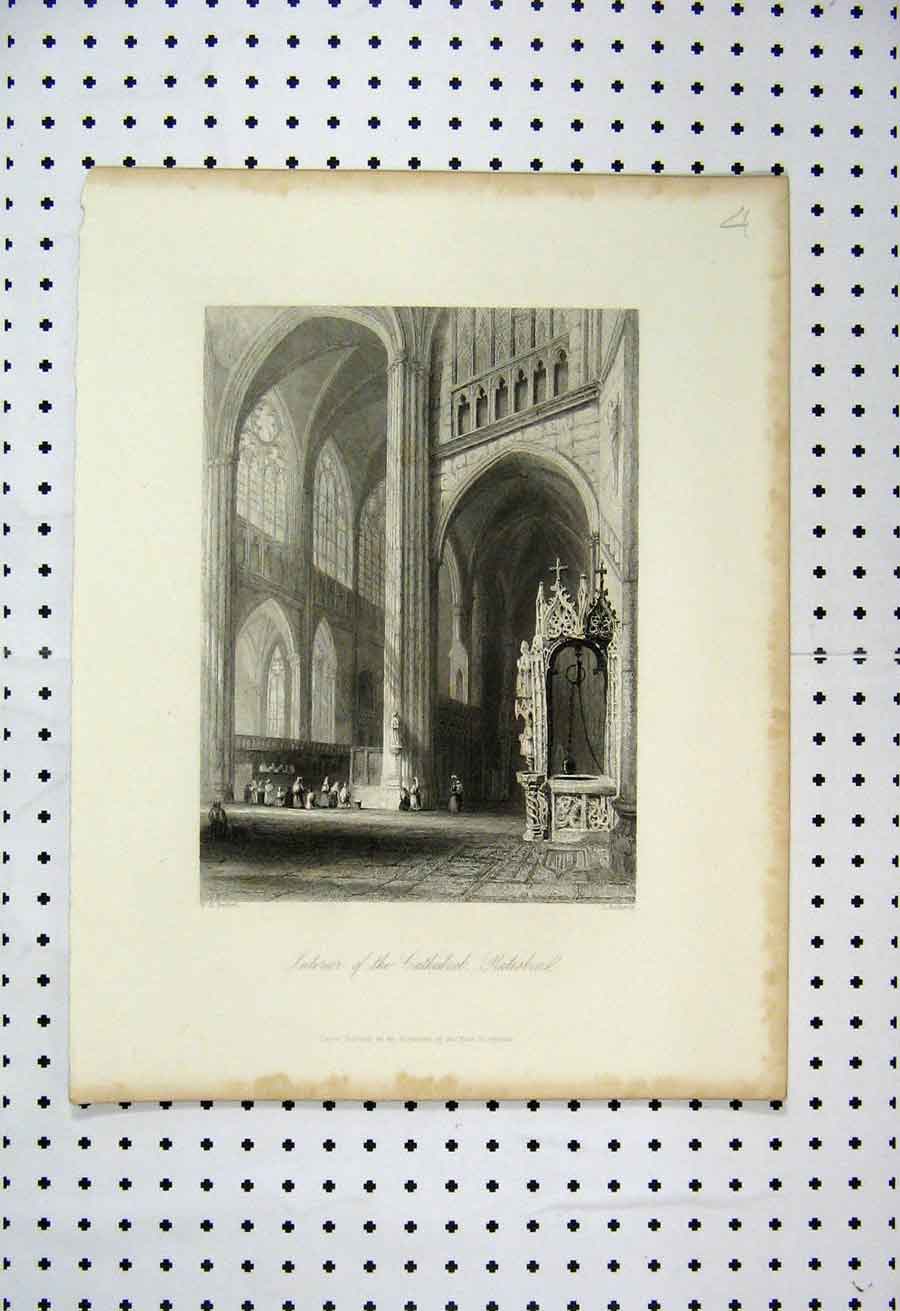 Original Old Antique Print 1837 Interior Cathedral Ratisbon Bartlett Redaway