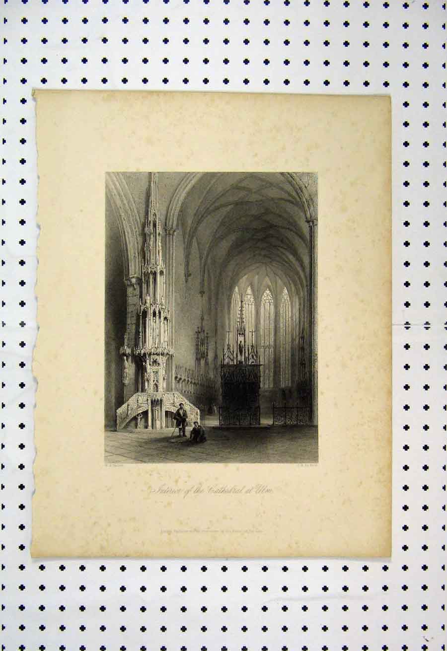 Original Old Antique Print Interior Cathedral Ulm Bartlett Keux 1837 Victorian