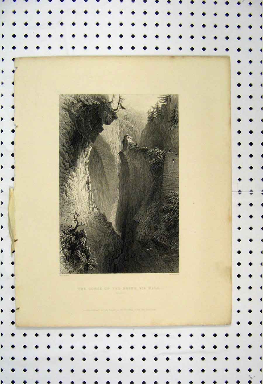 Original Old Antique Print Gorge Rhine Via Mala 1837 Mountain Scene Bartlett