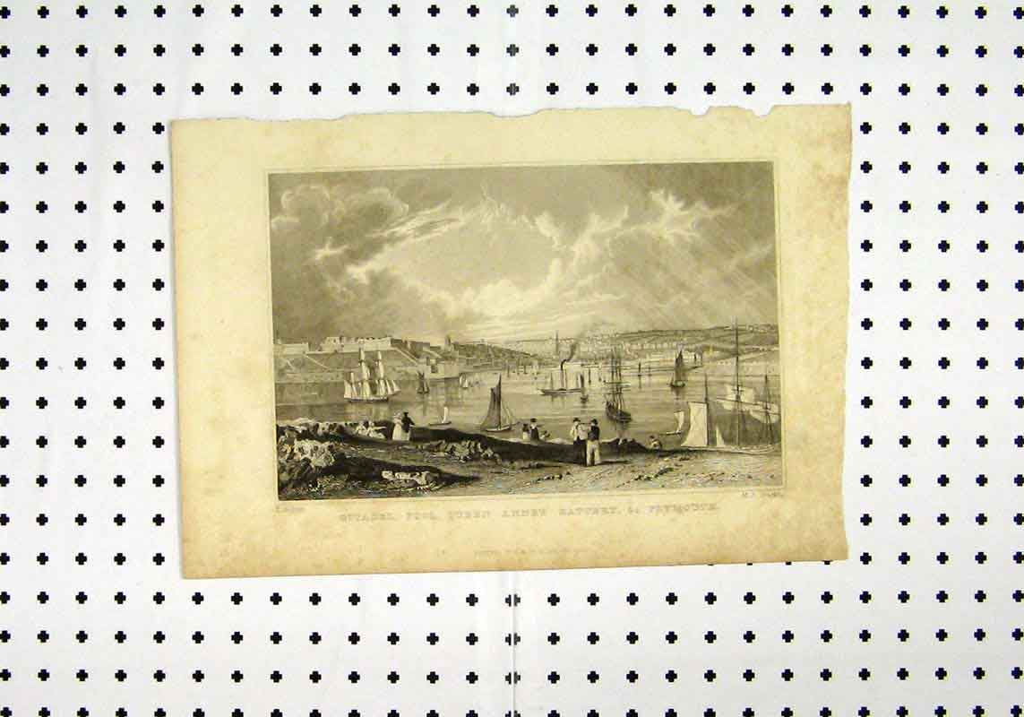Old Antique Print View Citadel Pool Queen Anne Battery Plynouth Shipc1836 19th