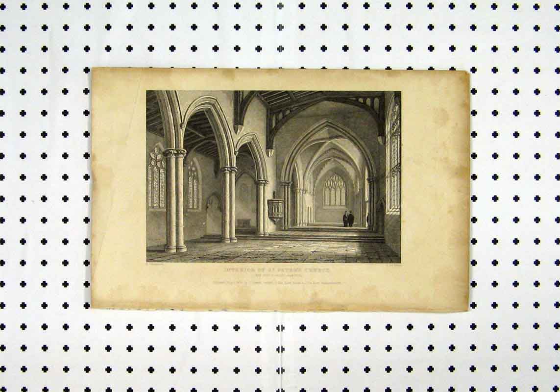 Original Old Antique Print C1836 View Interior St Peters Church Mackenzie Keux