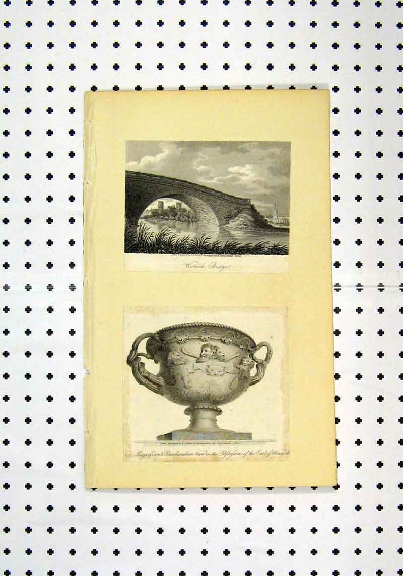 Original Old Antique Print View Warwick Bridge C1836 Bacchanalian Vase 19th