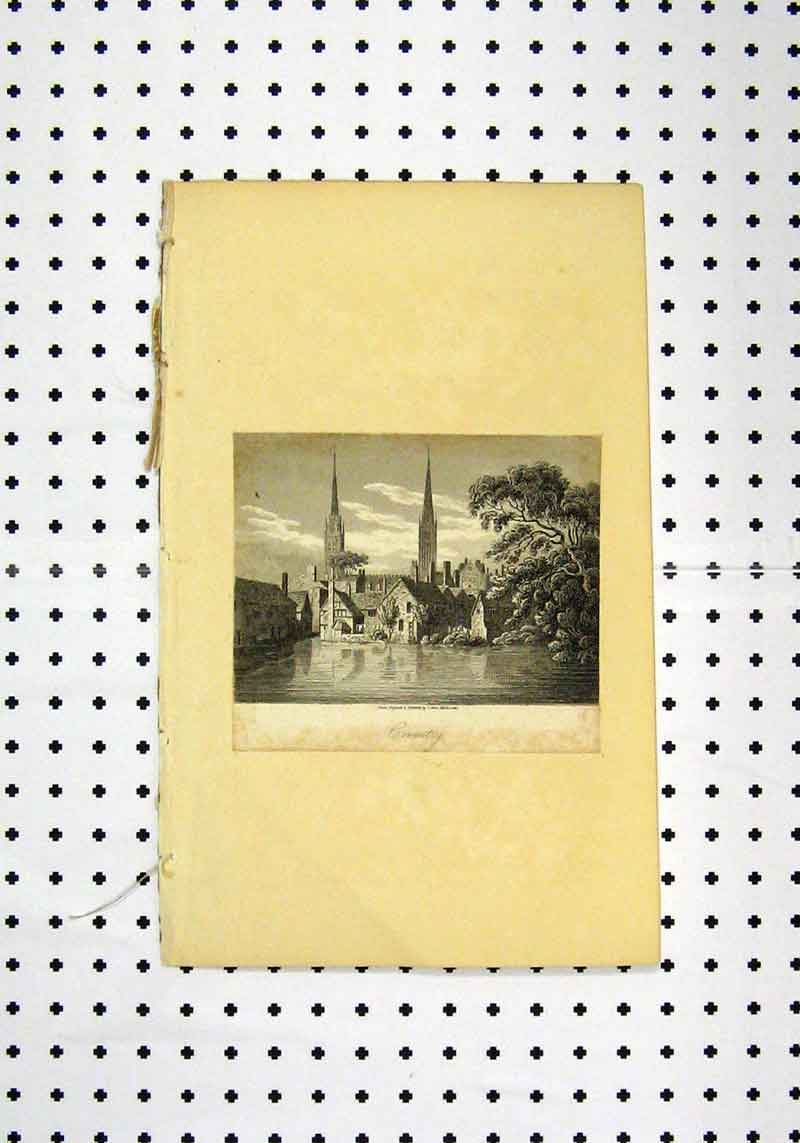 Original Old Antique Print C1836 View Coventry Church Tree River 19th Century