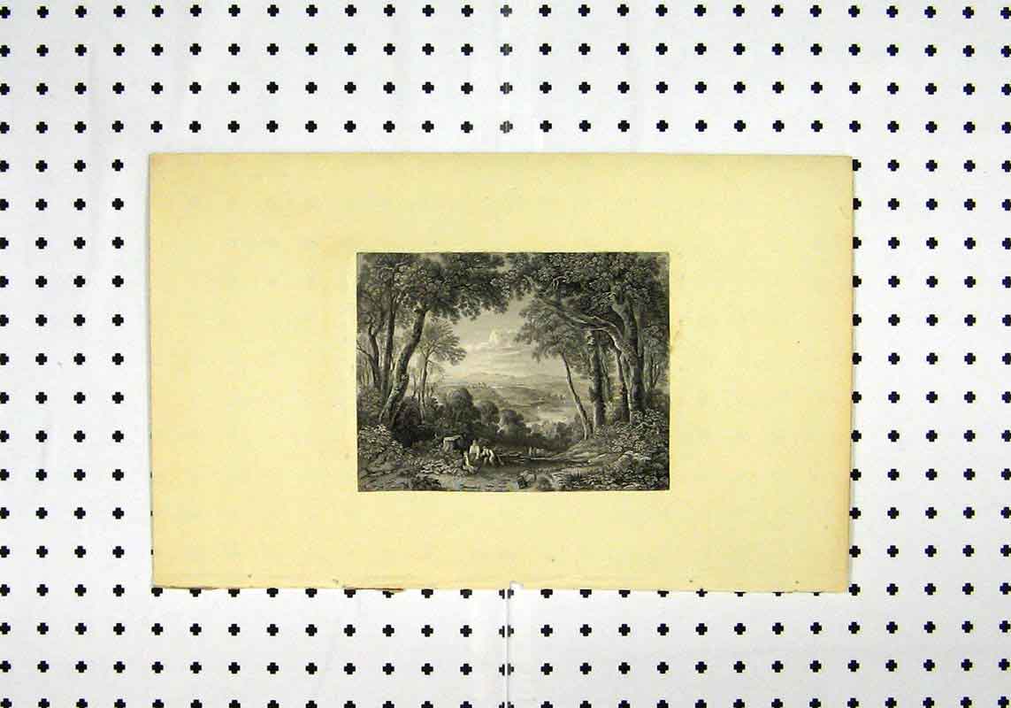 Original Old Antique Print C1836 Country Scene Trees People Picnic 19th Century