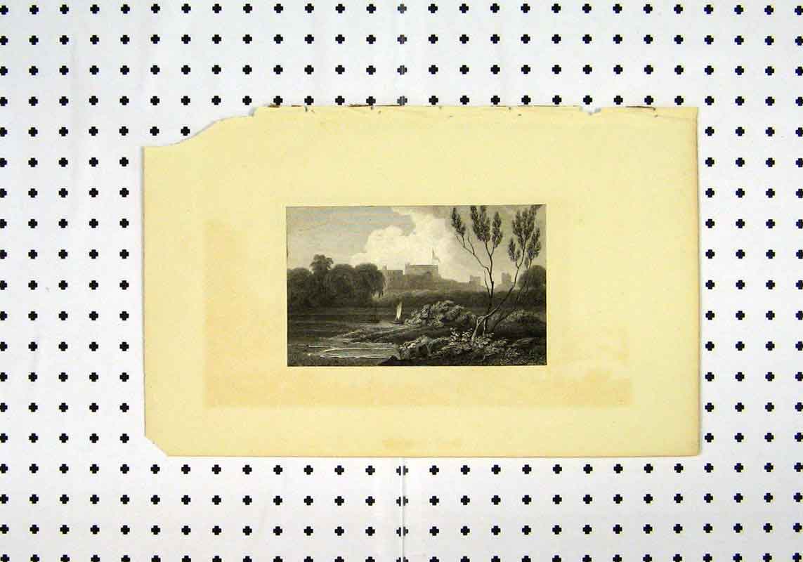 Original Old Antique Print C1836 View Castle River Boat Country Scene 19th