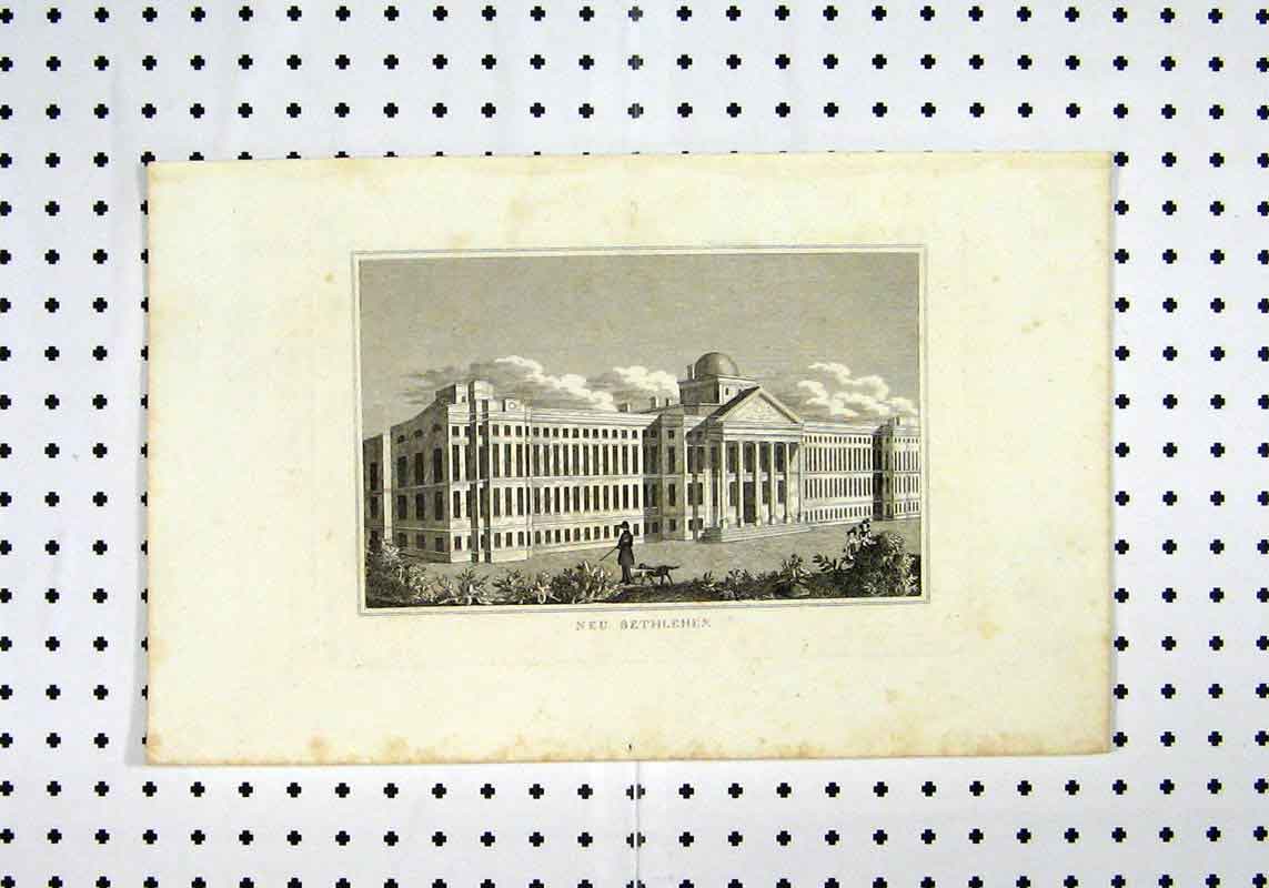 Original Old Antique Print View Neu Bethlehem C1836 Building Man Dog 19th