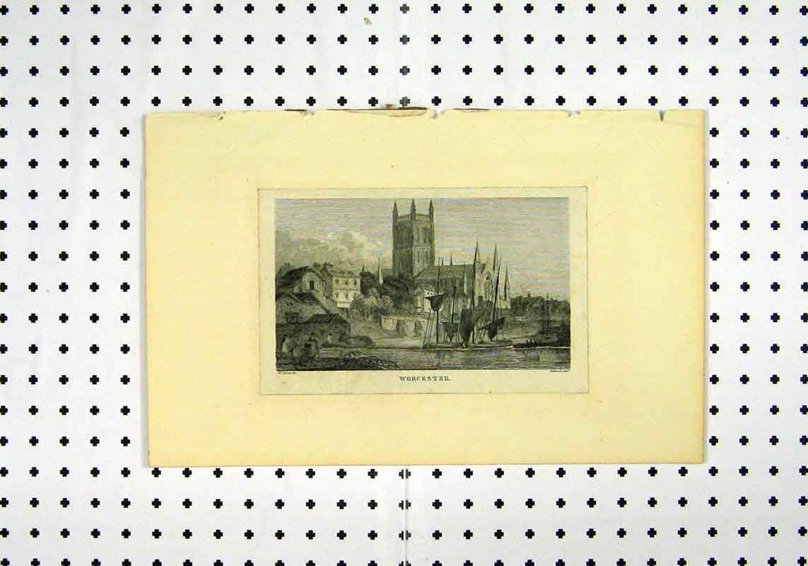 Original Old Antique Print View Worcester Town Scene Church C1836 19th Century