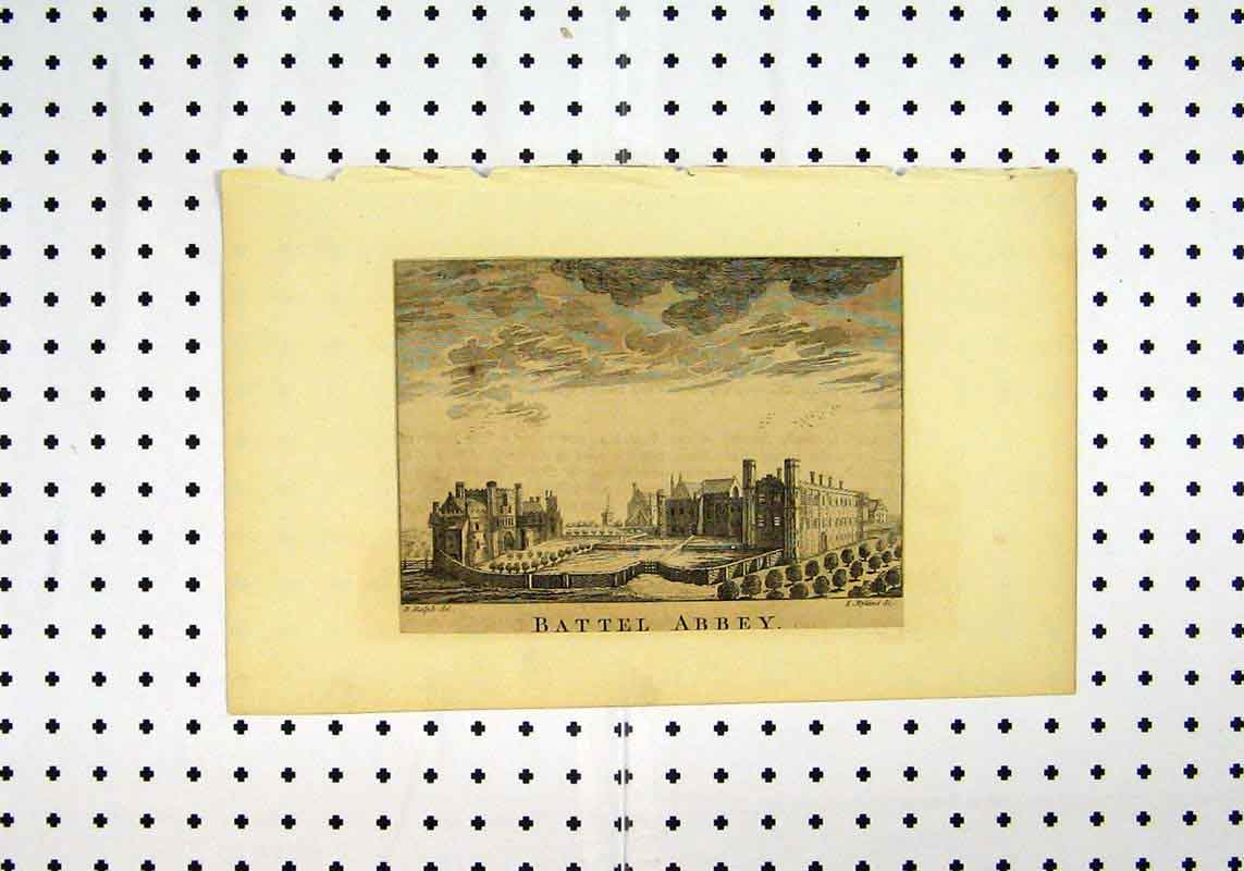 Original Old Antique Print View Battel Abbey C1836 Ralph Ryland 19th Century
