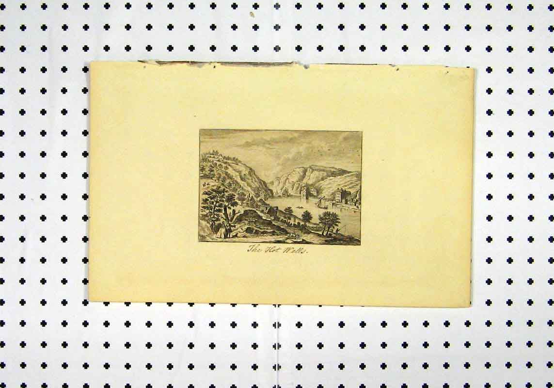 Old Antique Print View Hot Wells C1836 River Mountains Boat Country Scene 19th