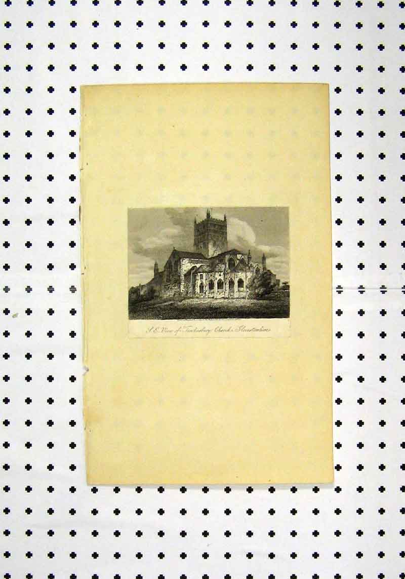 Original Old Antique Print View Church Glocestershire C1836 Country Scene 19th
