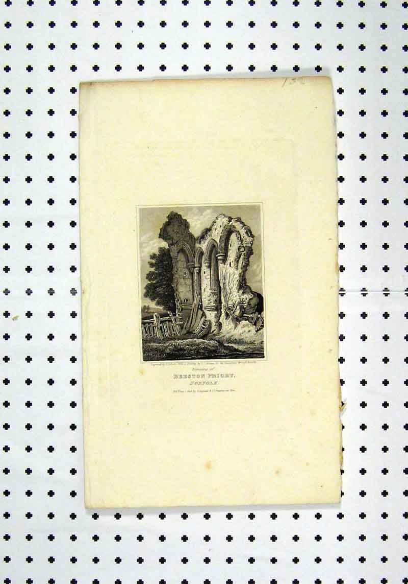 Original Old Antique Print View Beeston Priory Norfolk C1836 Remains 19th