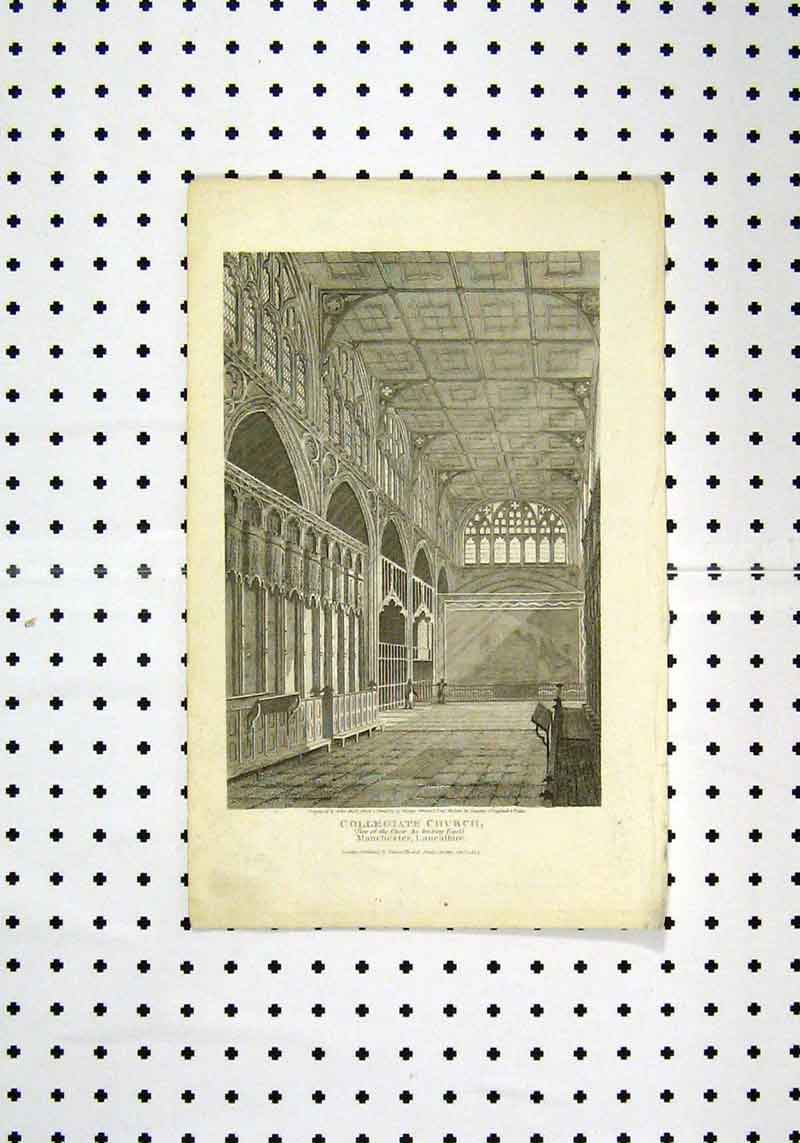Original Old Antique Print C1836 View Collegiate Church Manchester 19th Century