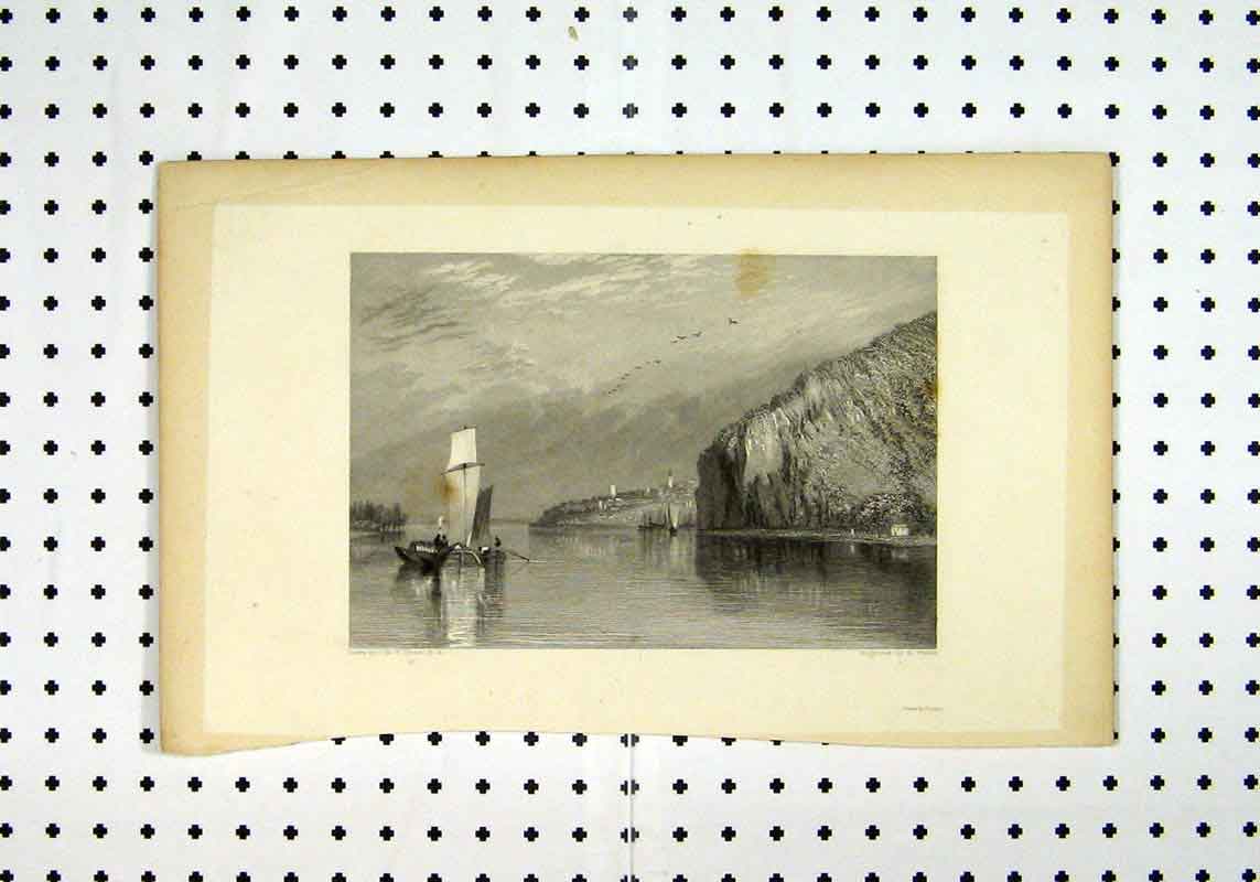 Original Old Antique Print C1836 Sea View Scenery Sail Boat Cliff Turner Wallis