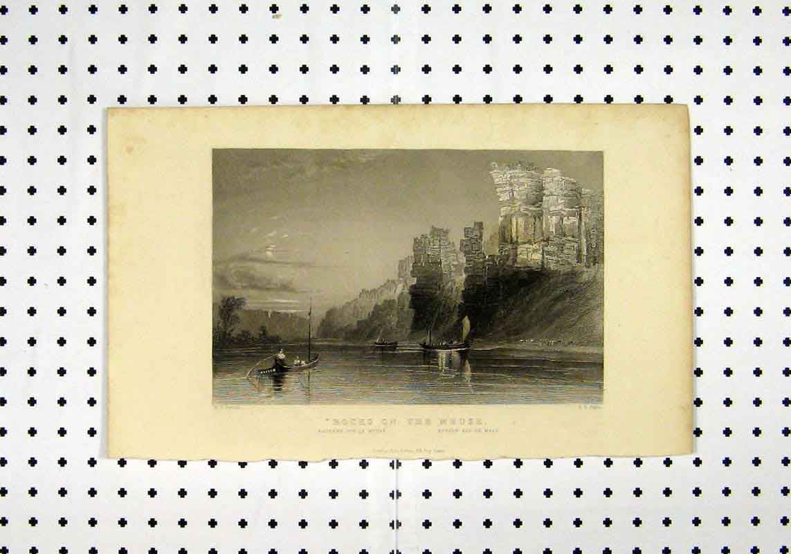 Original Old Antique Print C1836 View Rocks River Meuse Boats Bartlett Payne