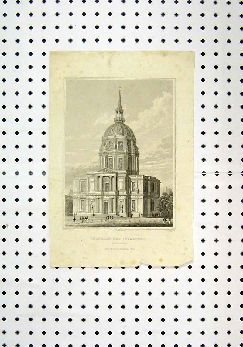 Old Antique Print C1836 Chapelle Des Invalides Front View Ferrey Tingle 19th