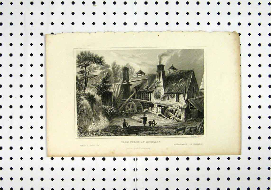 Original Old Antique Print C1836 Iron Forge Rouillon Fufsell Shury 19th Century