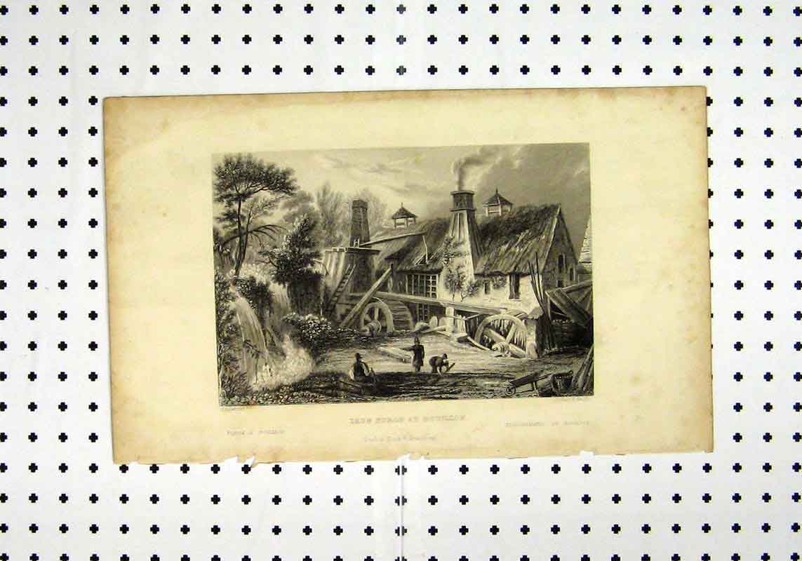 Original Old Antique Print Iron Forge Rouillon C1836 Fufsell Shury 19th Century