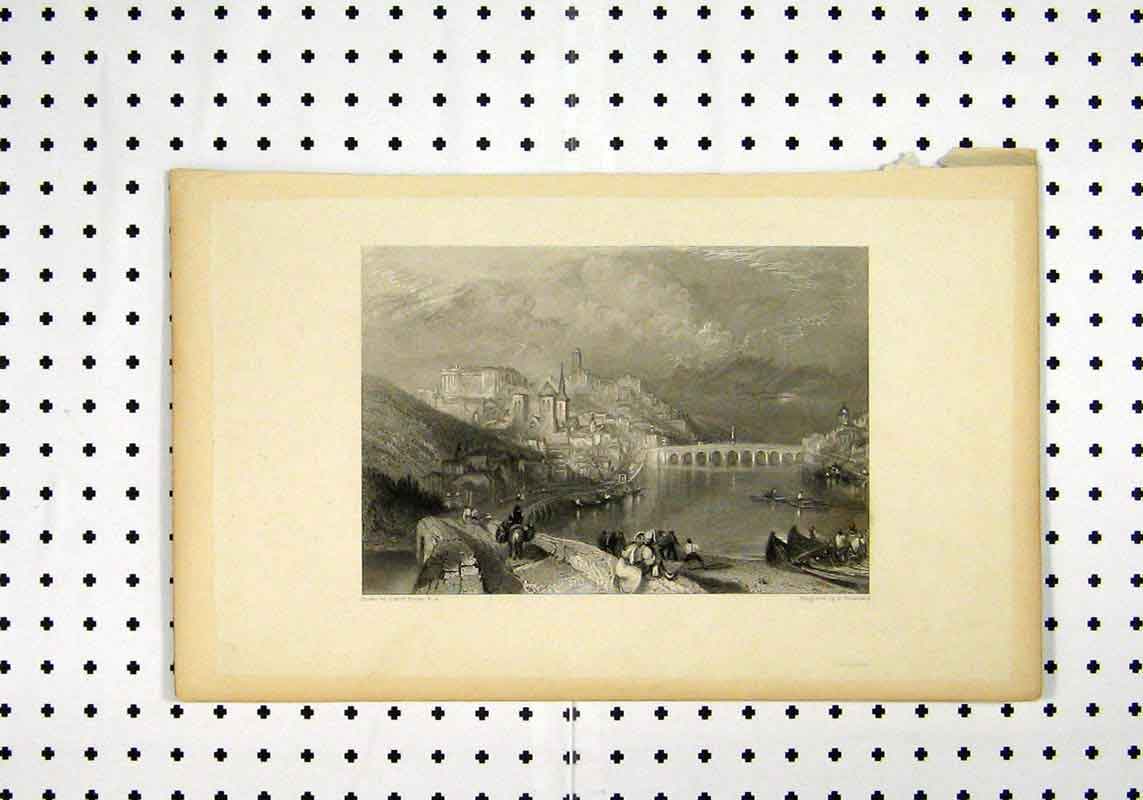 Original Old Antique Print C1836 Scenery Bridge Moutain Boat Turner Brandard