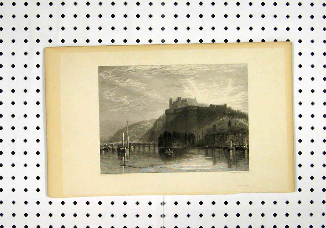 Original Old Antique Print Scenery Castle Bridge Boat Sunset Turner Smith