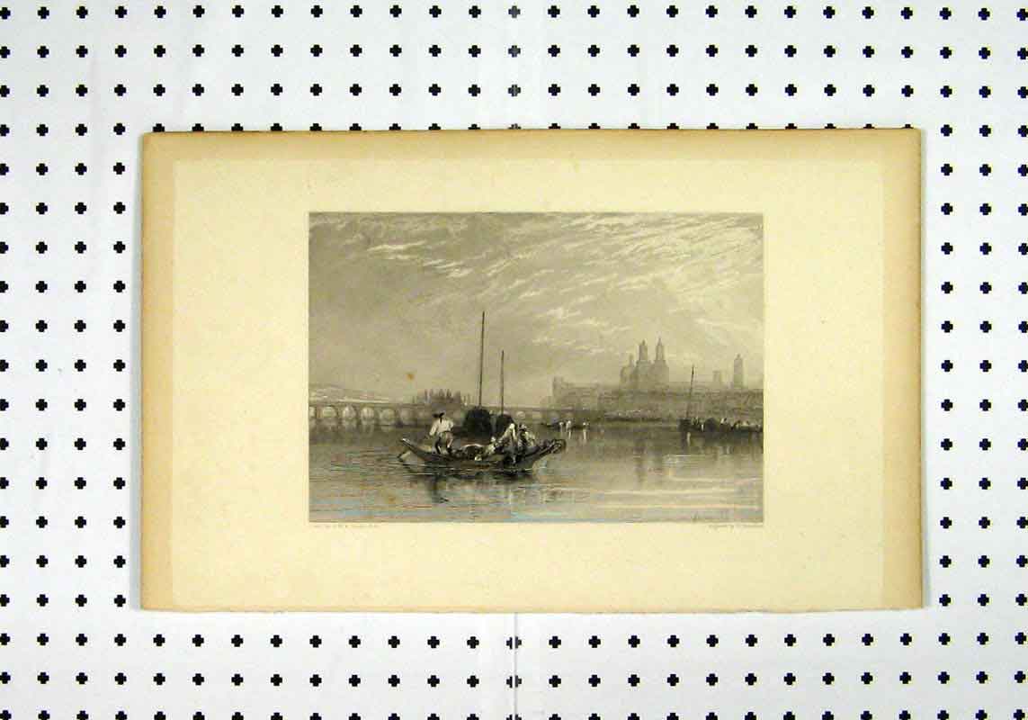 Original Old Antique Print Belneen Clairmont Mauves Boat Mountain Turner Miller
