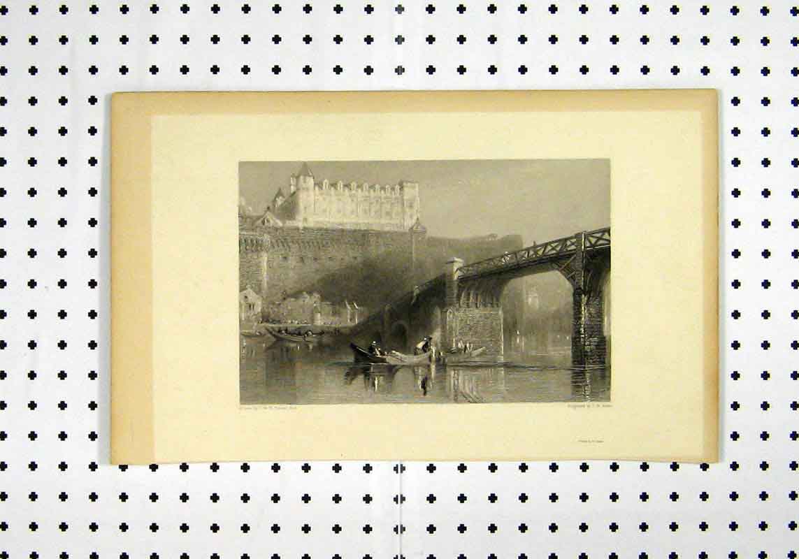 Original Old Antique Print Clairmont Boat Castle Mountain Turner Willmore