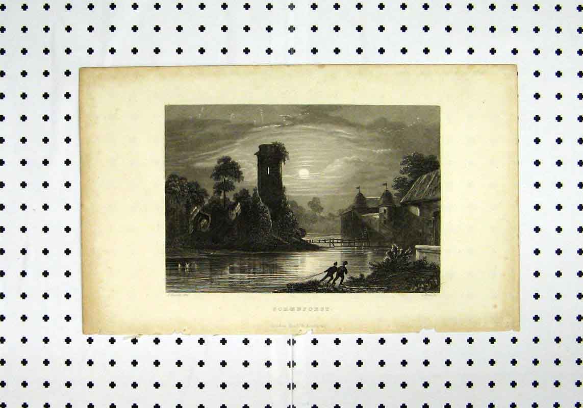 Original Old Antique Print Schoenforst C1836 River Scene Sunset Fussell 19th