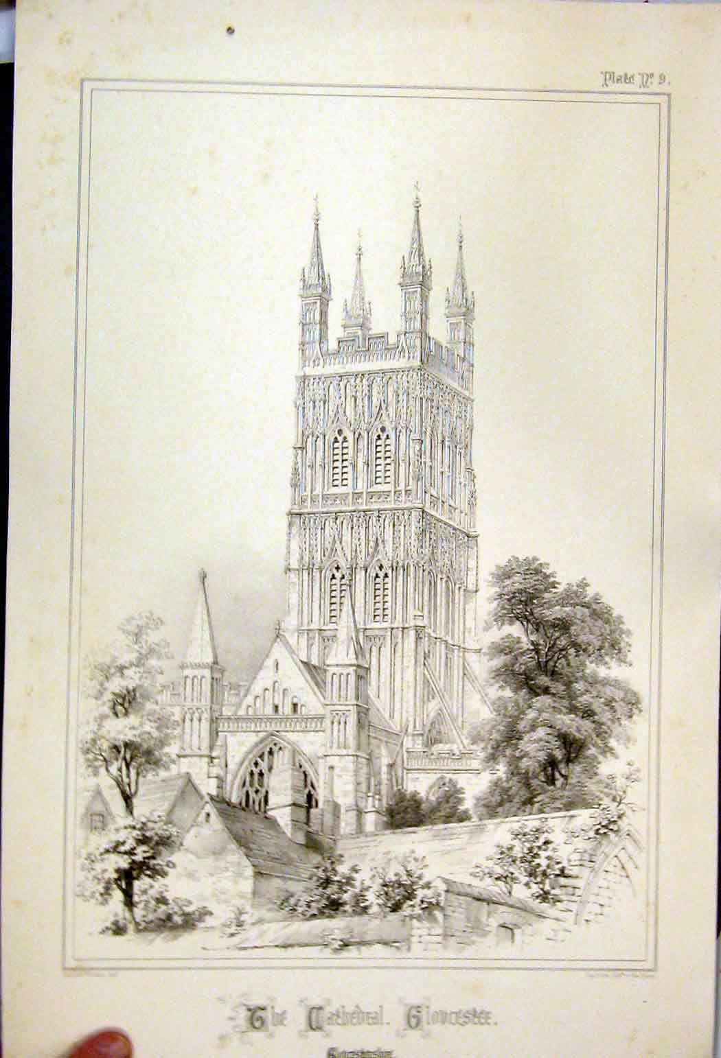 Original Old Antique Print 1855 Cathedral Gloucester Charles Wickes Church 19th