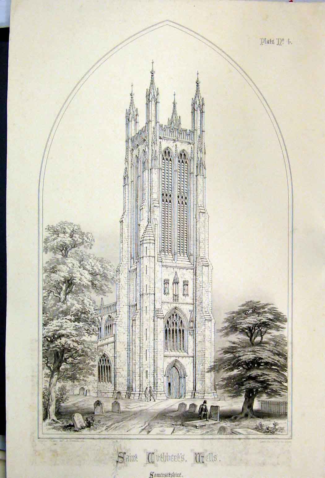 Old Antique Print 1855 Saint Mary Magdalene Church Somersetshire Wickes 19th