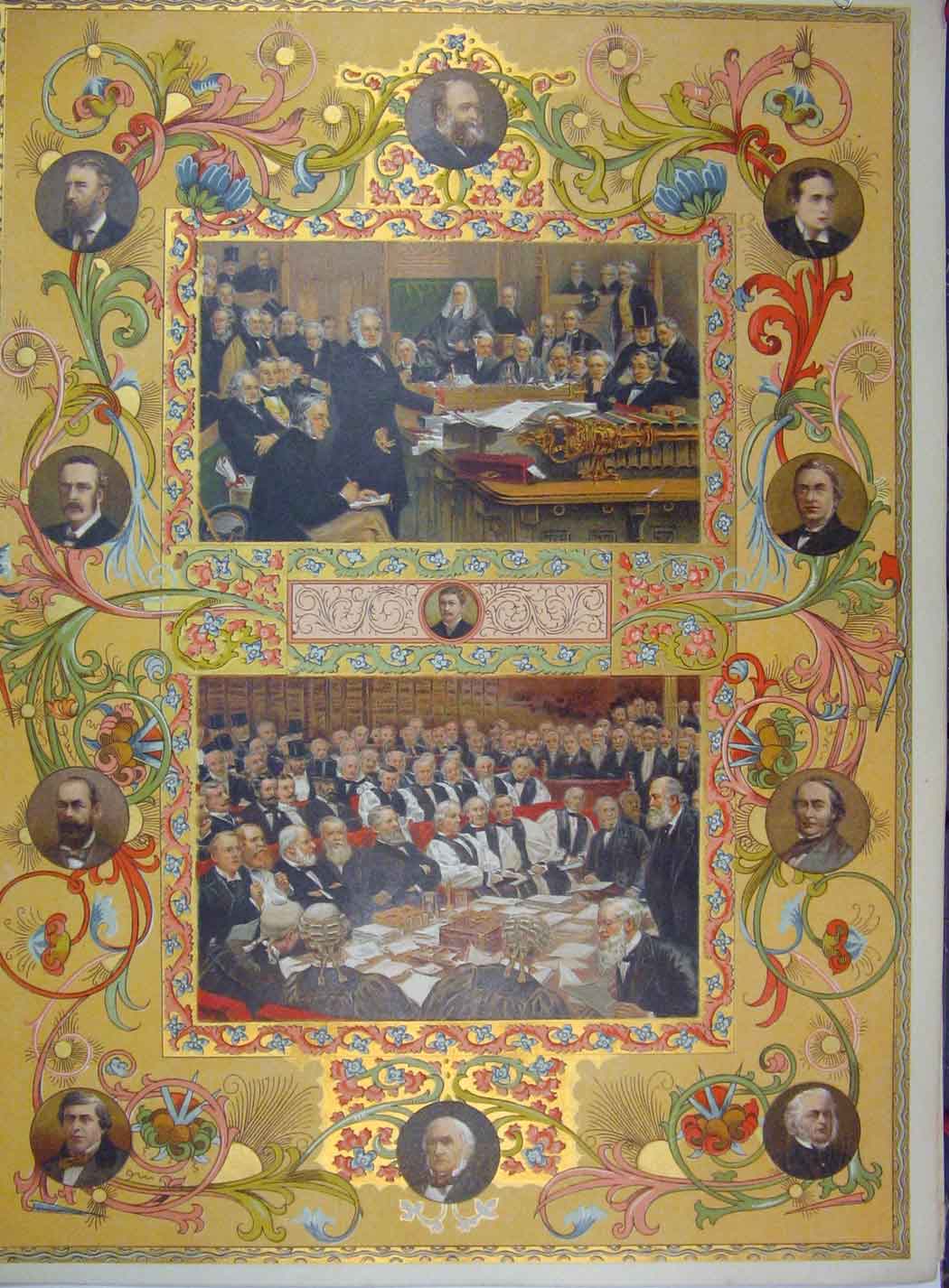 Original Old Antique Print Colour Men Court Room 1897 Meeting Portraits 19th