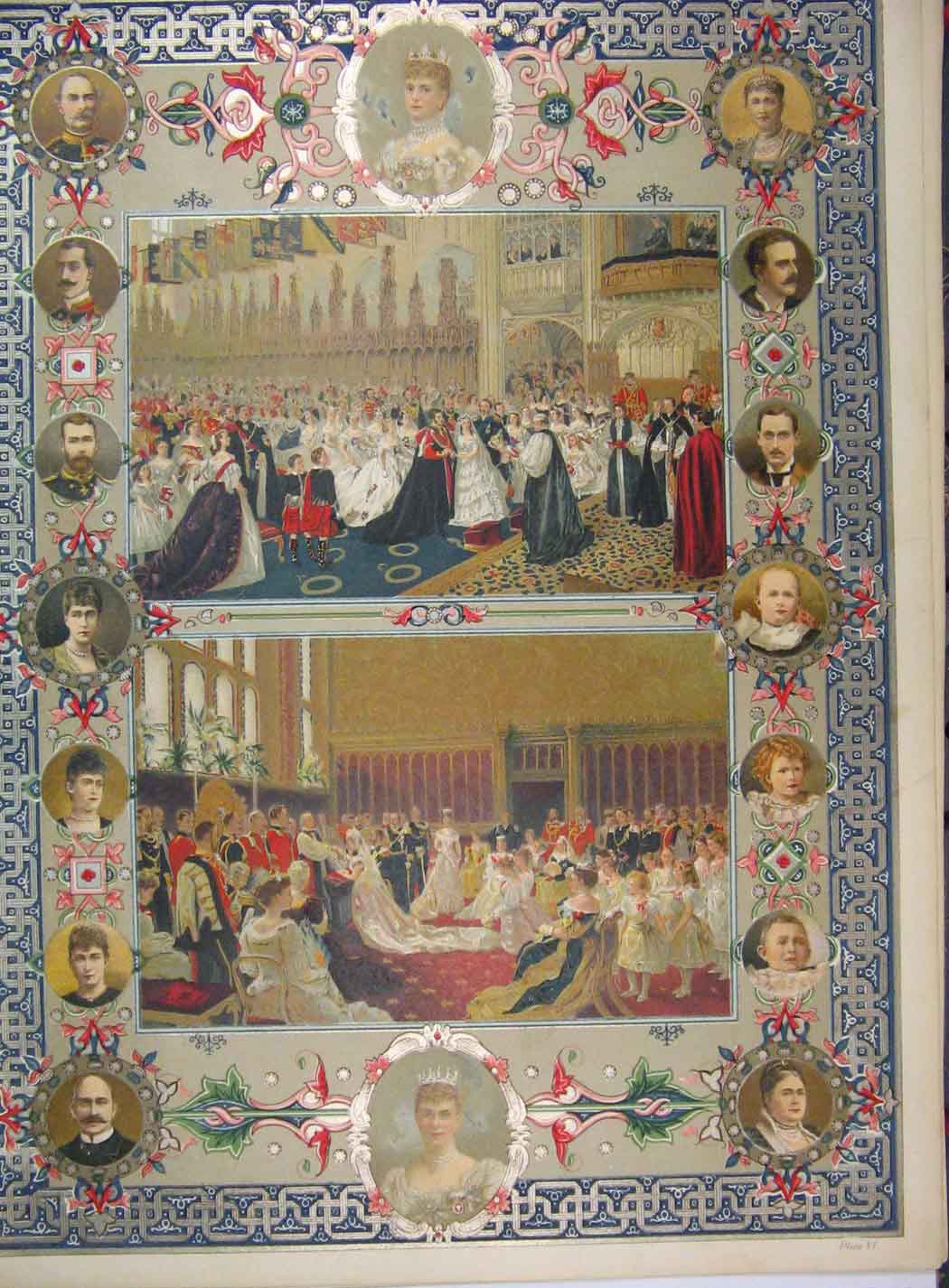 Original Old Antique Print 1897 Portraits Queen King Wedding Ceremony Colour