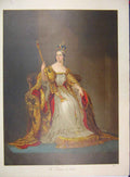 Original Old Antique Print Queen 1837 Crown Sitting Chair Colour 19th