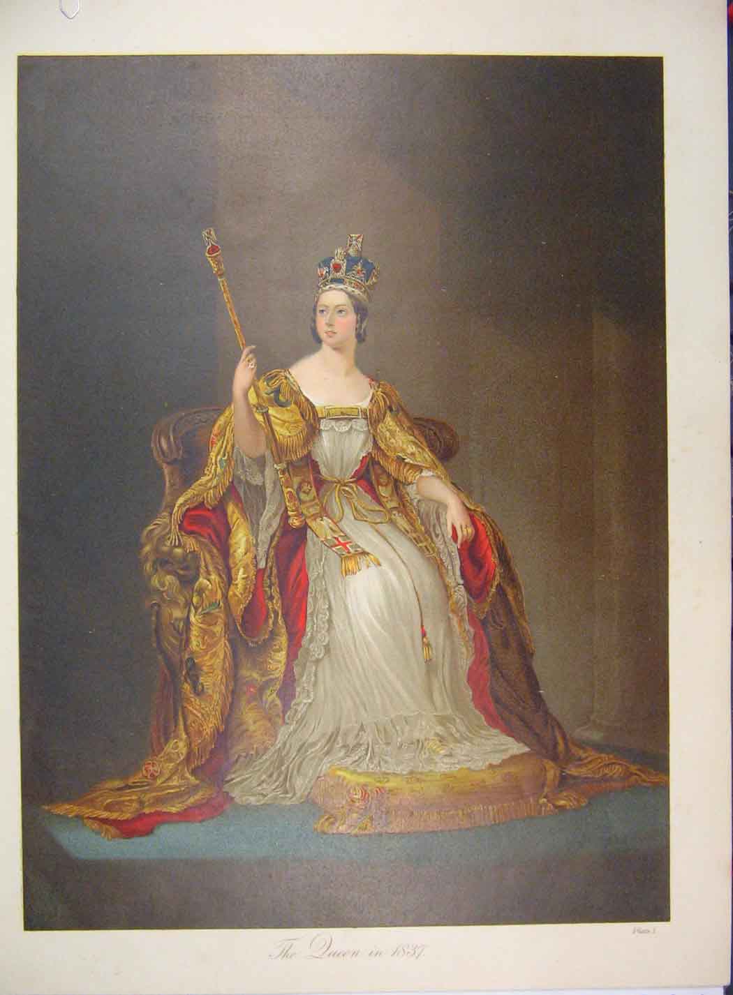 Original Old Antique Print Queen 1837 Crown Sitting Chair Colour 19th