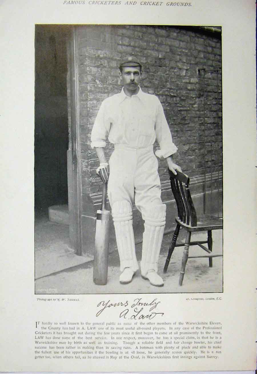 Original Old Antique Print Cricket Sport 1895 Law Weigall Cambridge Photograph