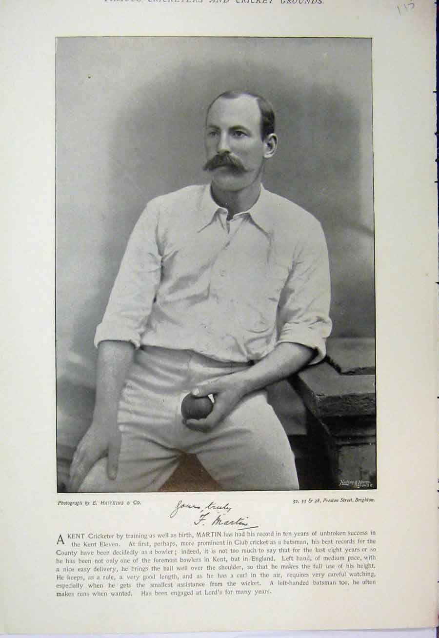 Old Antique Print 1895 Cricket Photograph Martin Kent Daft Batsman Sport 19th