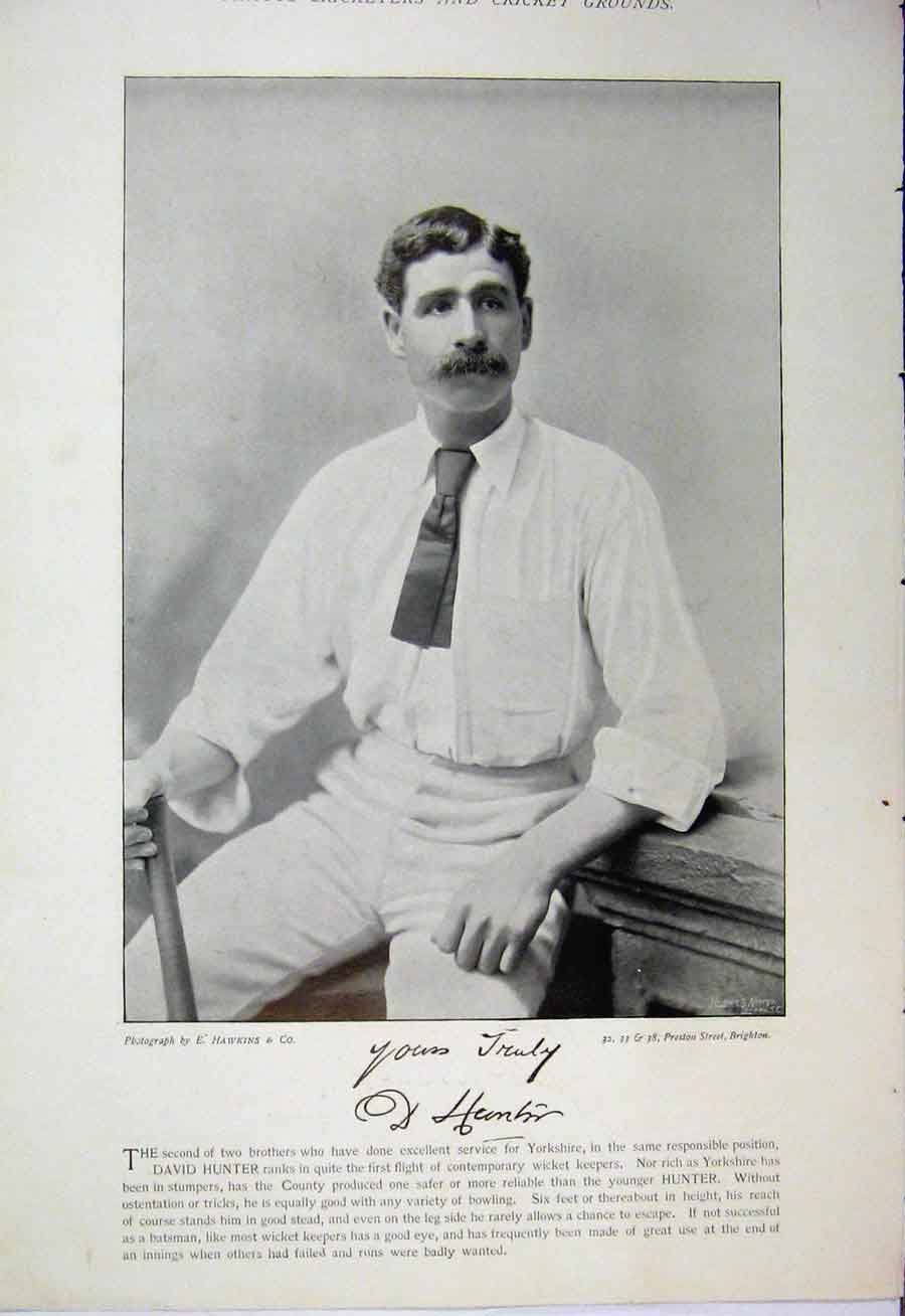 Original Old Antique Print Cricket Photograph 1895 David Hunter Baker Yorkshire