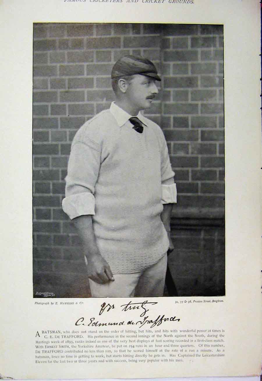 Original Old Antique Print 1895 Cricket Phototgraph Edmund Trafford John Rawlin