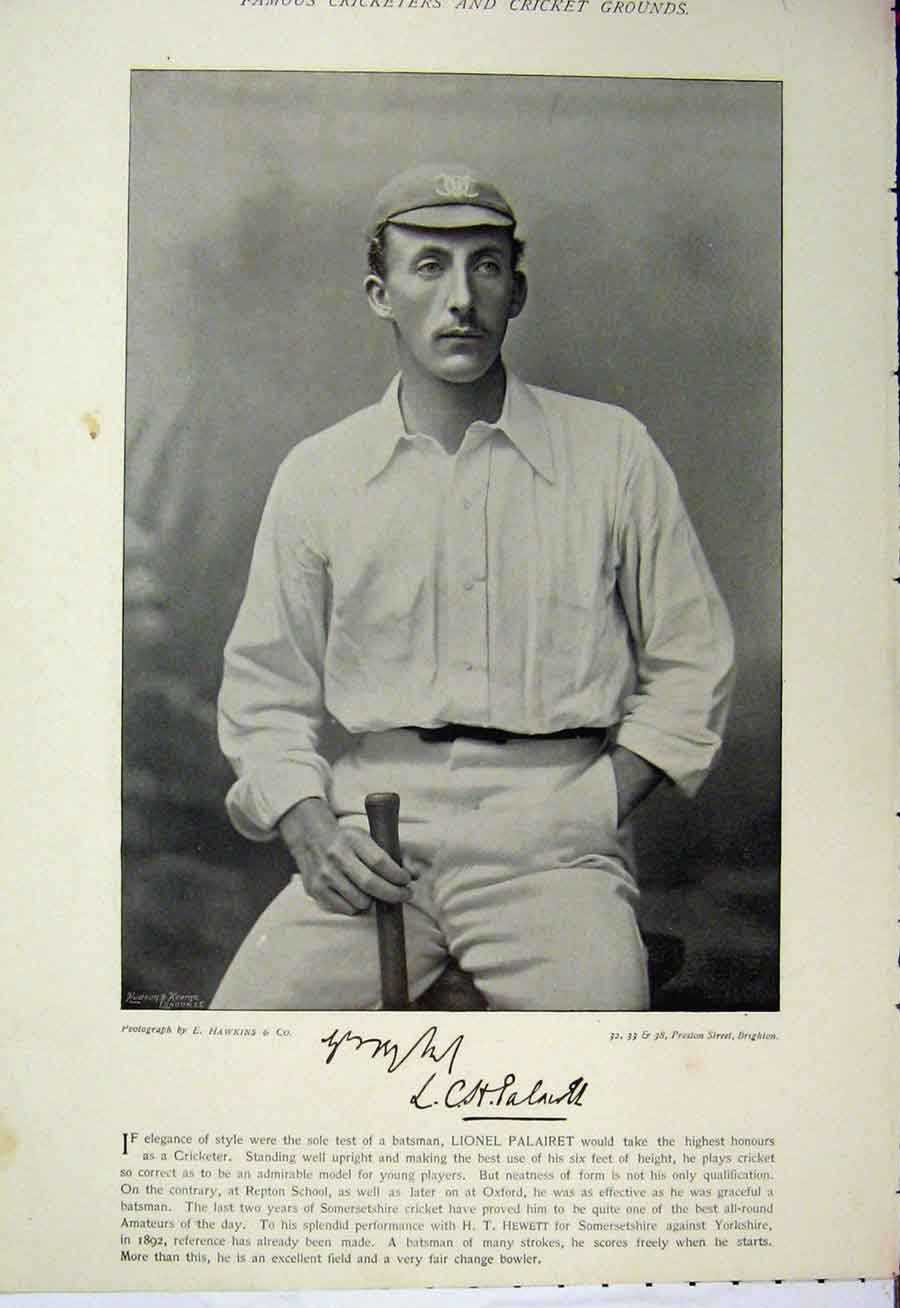 Original Old Antique Print 1895 Cricket Sport Photograph Lionel Palairet Smith