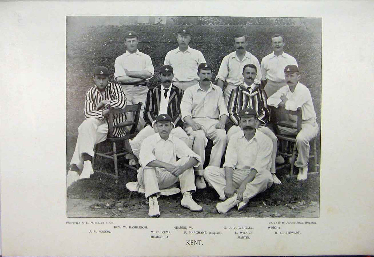 Old Antique Print 1895 Kent Cricket Team Hewitt Photograph Marchant Kemp 19th