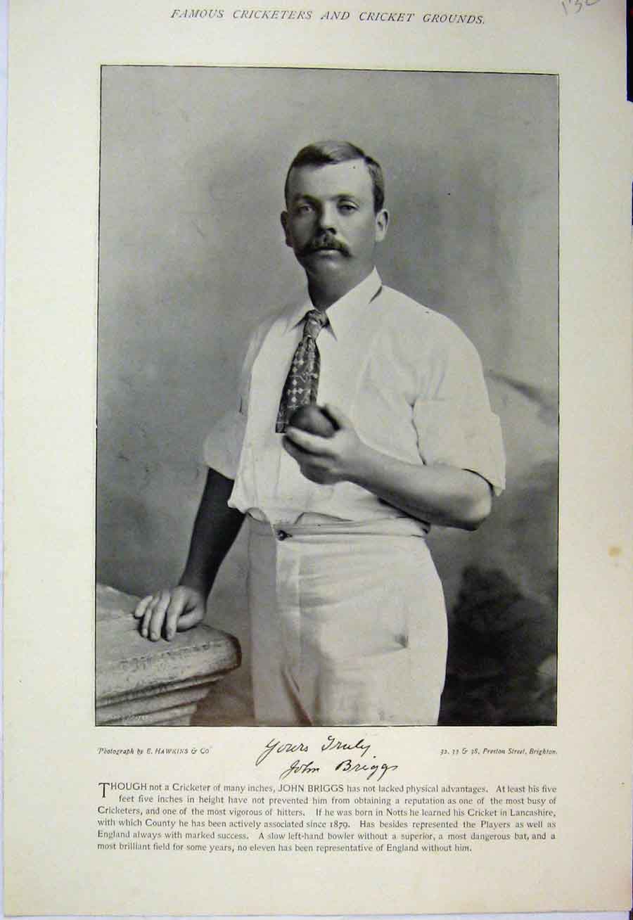 Original Old Antique Print 1895 Cricket Photograph John Briggs Dixon Lancashire