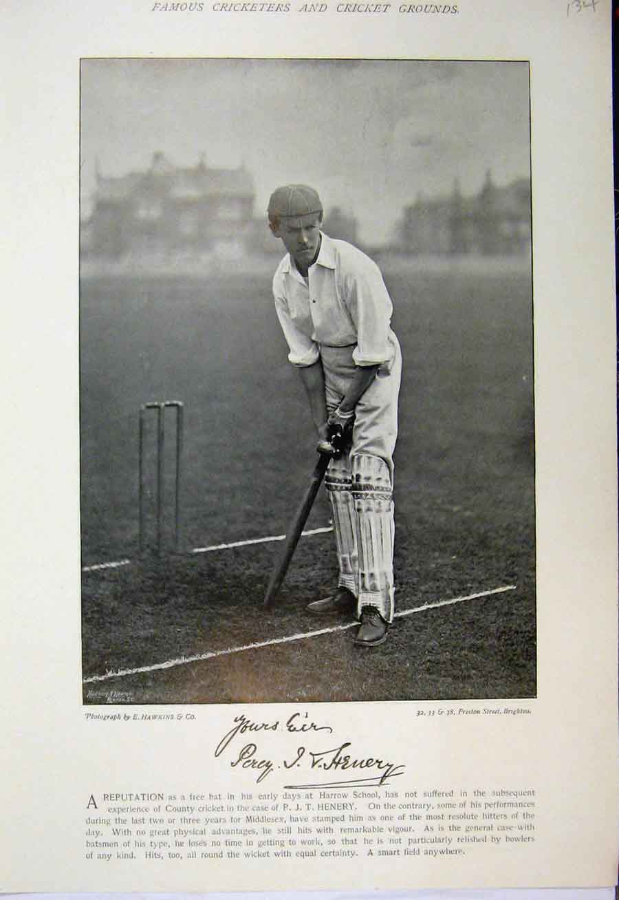 Original Old Antique Print 1895 Cricket Players Photograph Henery Hill Batsman
