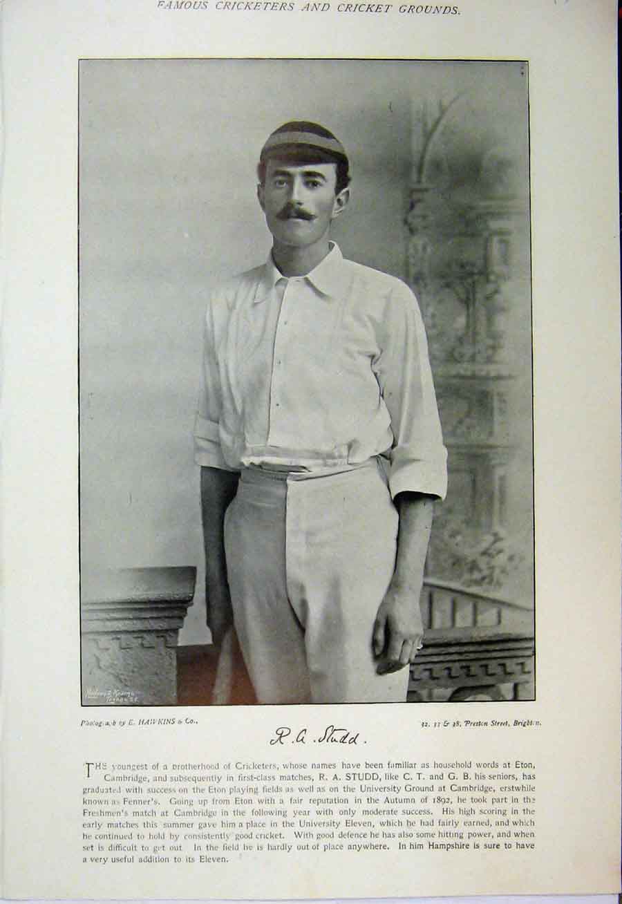 Original Old Antique Print 1895 Cricket Players Studd Fry Athlete Photograph