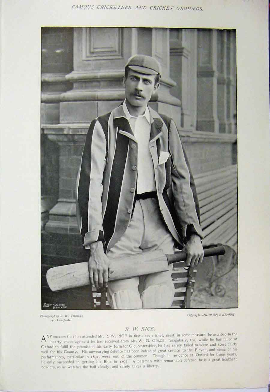 Original Old Antique Print Cricket Photograph Rice Oxford Lewis 1895 Sport 19th
