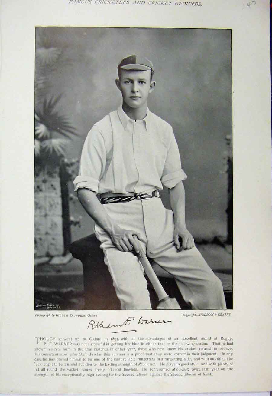 Original Old Antique Print 1895 Cricket Sport Warner Frank Marchant Photograph
