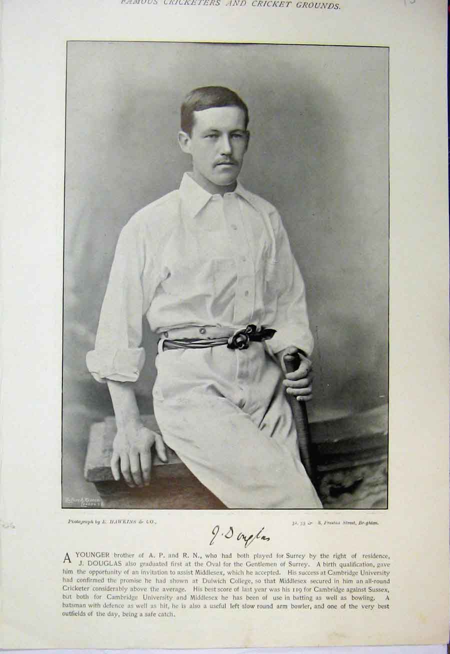 Original Old Antique Print 1895 Sport Cricket Douglas William Bruce Photograph