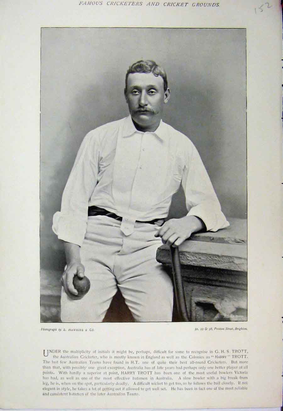 Original Old Antique Print 1895 Cricket Photograph Trott Mason Batsman Sport