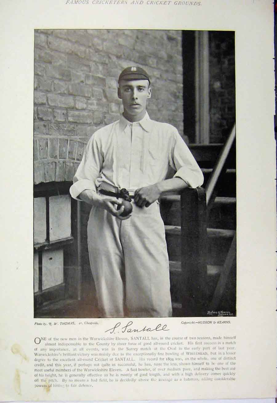 Old Antique Print 1895 Cricket Sport Santall Smith Photograph Lancashire 19th