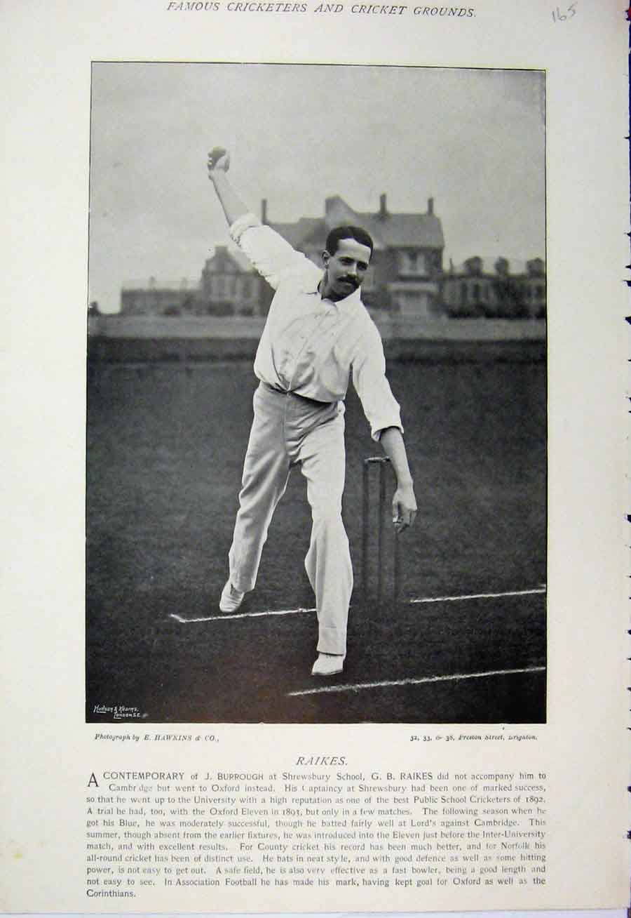 Old Antique Print 1895 Cricket Sport Photograph Raikes Watson Lancashire 19th