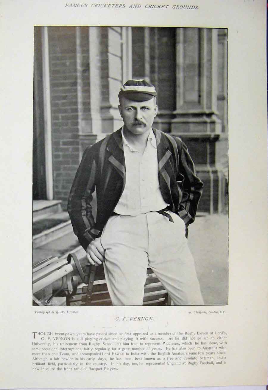 Old Antique Print 1895 Cricket Sport Vernon Kitcat Photograph Middlesex 19th