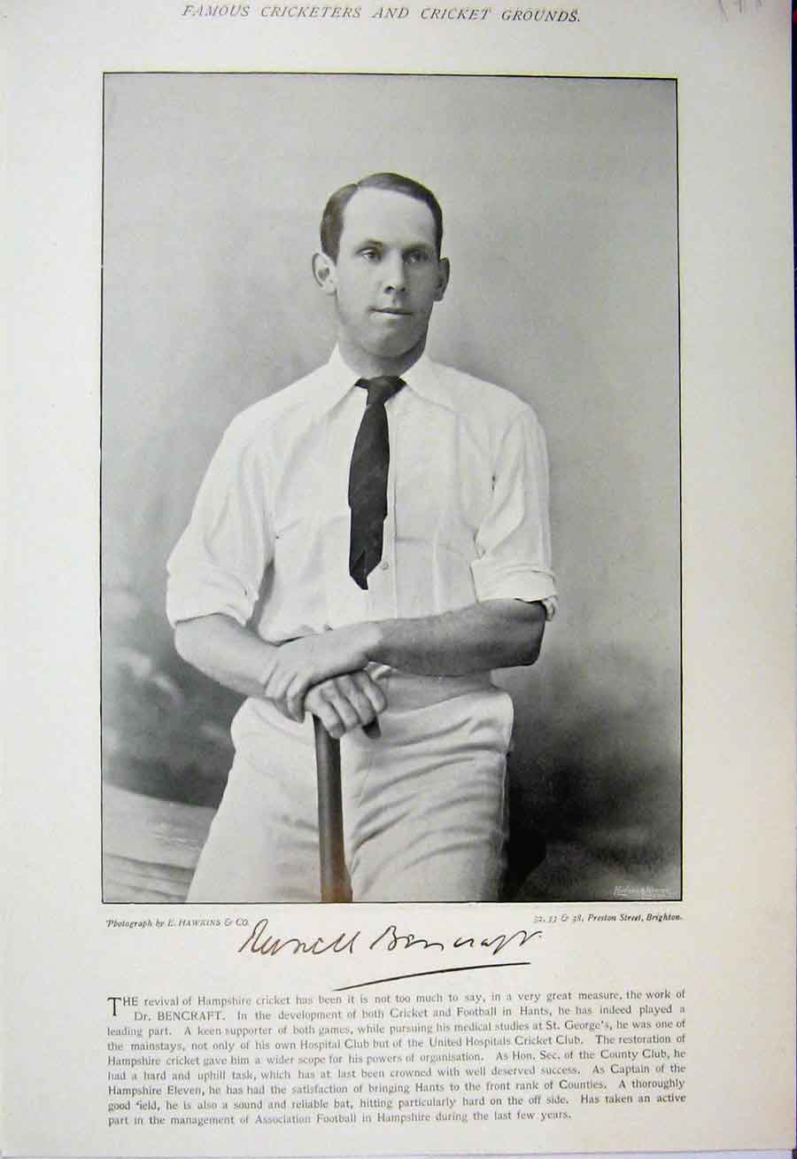 Old Antique Print Cricket Sport 1895 Bencraft Docker Photograph Hampshire 19th